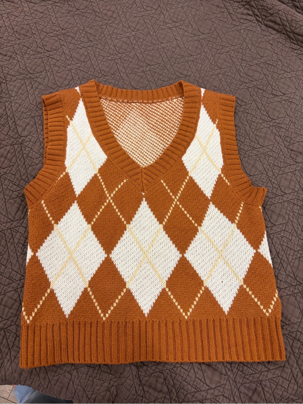 Brown Argyle Sweater Vest | Knit V-Neck Preppy Dark Academia Size Small